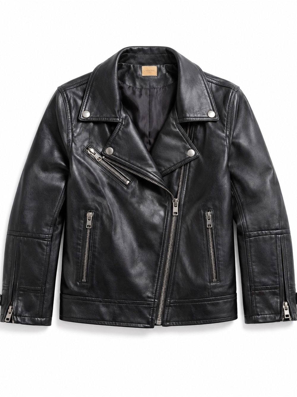 Source Unknown Black Kids Leather Moto Pea Coat